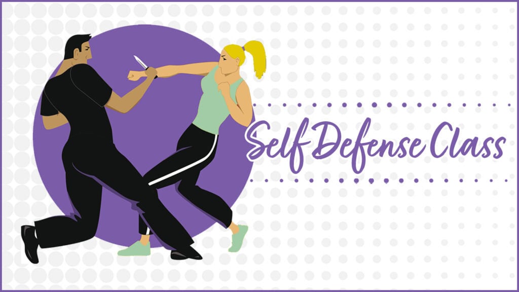 Woman learning self-defense technique with a male sparring partner, vector illustration