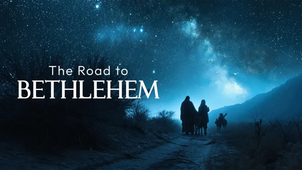 Serene image of the Holy Family journeying to Bethlehem, under a