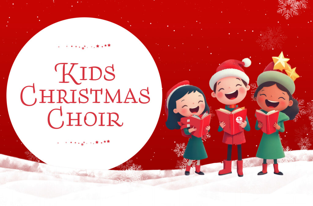 Cute holiday characters singing carols, blank space for text.